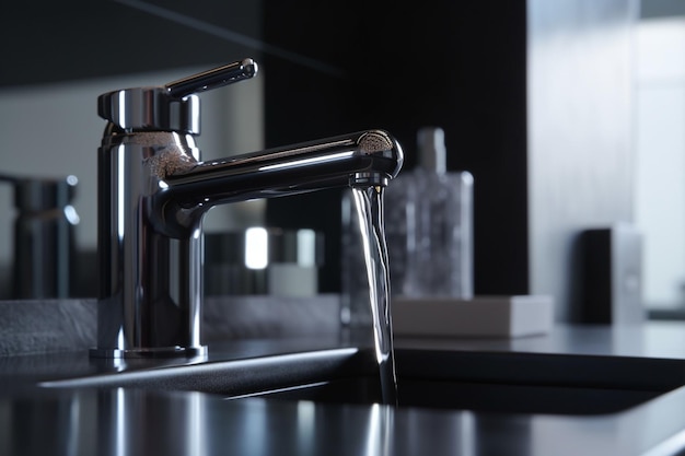 A bathroom sink with a tap and a glass window behind it.