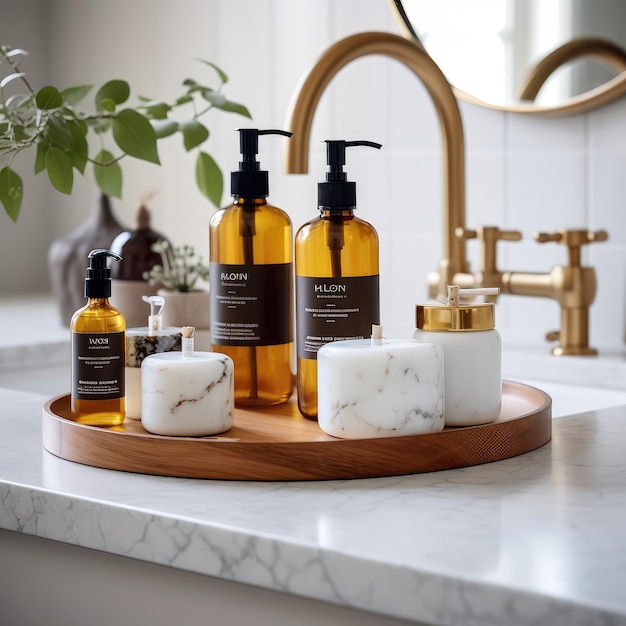 A bathroom sink with a wooden tray with bottles of soap and bath products.