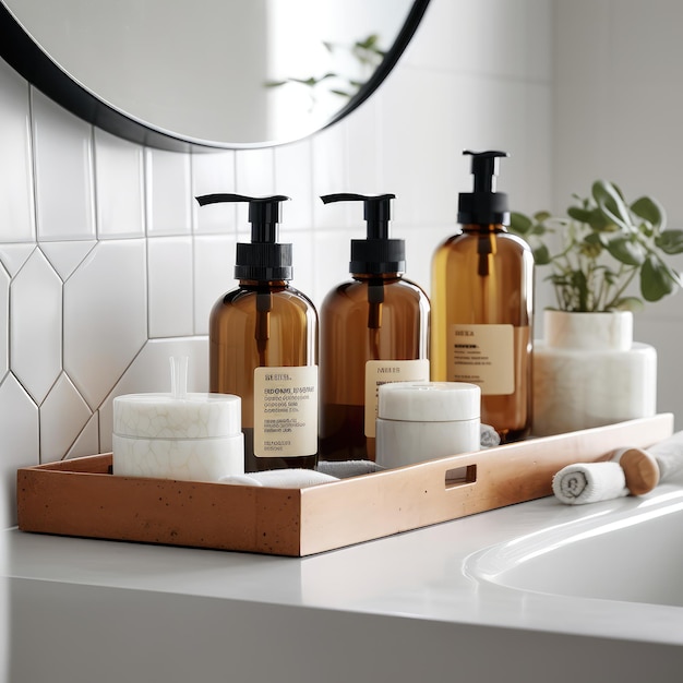 Premium AI Image A bathroom sink with a wooden tray with soaps and a bottle of soap.