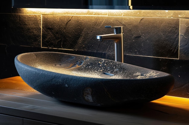 Photo bathroom sink on wooden counter