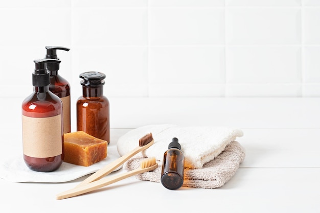 Bathroom styling and organization. Organic lifestyle and skin care products