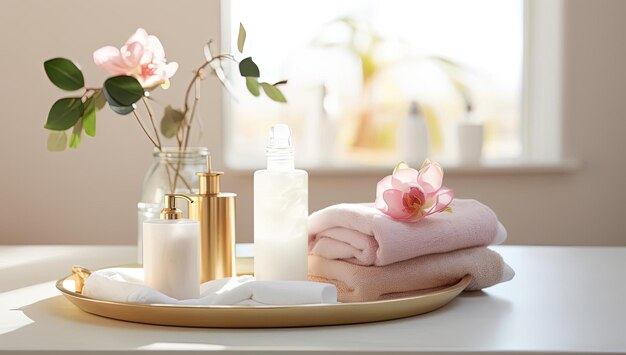 a bathroom on a tray displaying two towels and soap in the style of light pink and gold