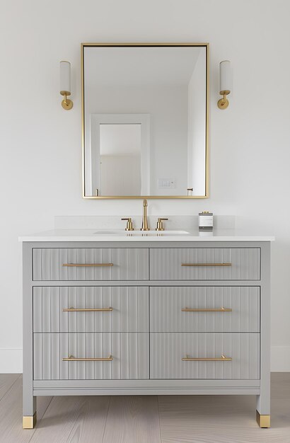 Photo bathroom vanity with sink mirror tap and cabinetry