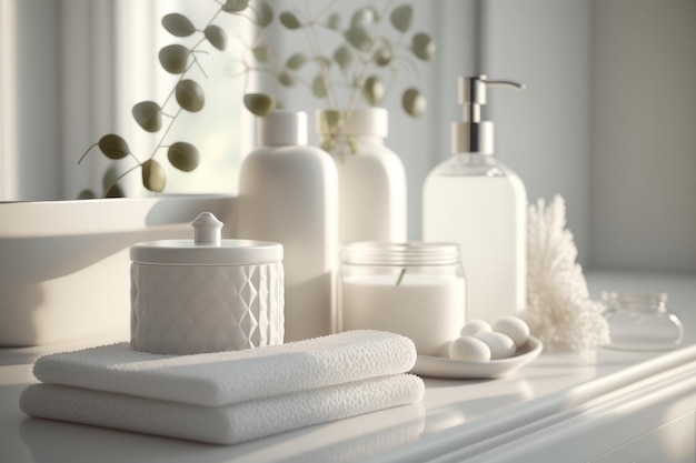 A bathroom vanity with white bottles and soaps on it.