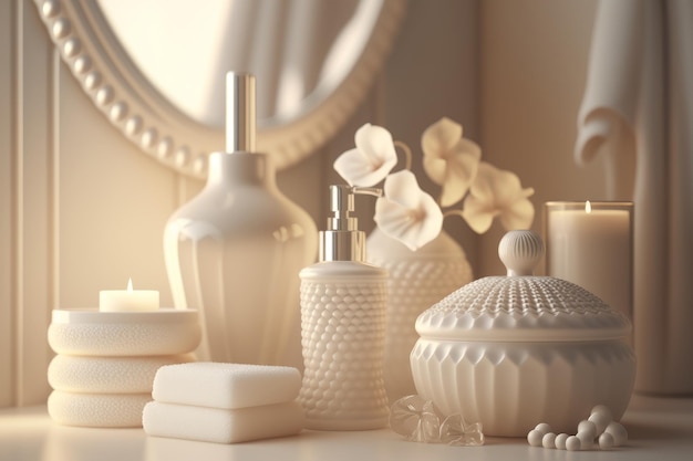 A bathroom vanity with white ceramic items including soaps, soaps, and a candle.