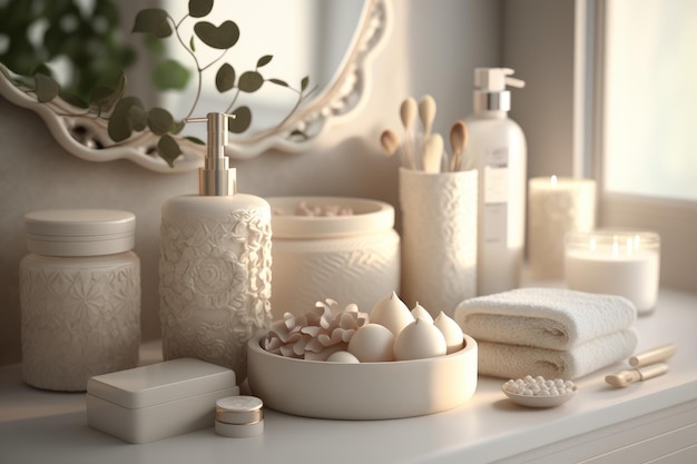 Photo a bathroom vanity with a white shelf and a white container with a plant on it.