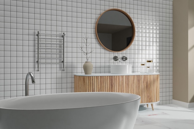 Bathroom white interior with cabinet for washbasin washbasin faucet from the wall and round mirror