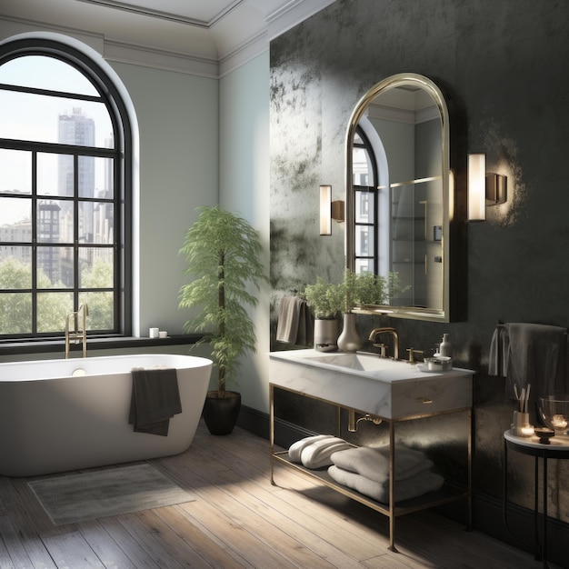 Ванная комната с металлическим зеркалом в индустриальном стиле в форме дуги