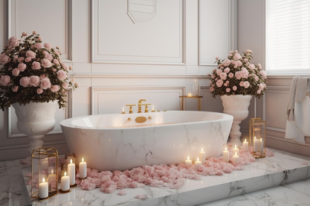 A bathroom with a bathtub and candles on the floor.