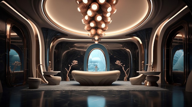 A bathroom with a bathtub and a chandelier.