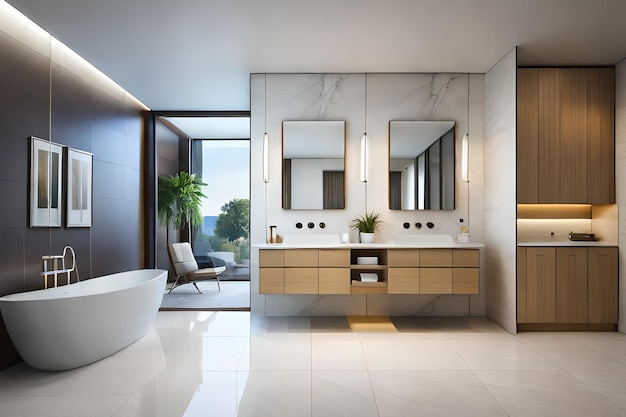 A bathroom with a bathtub and a large mirror.