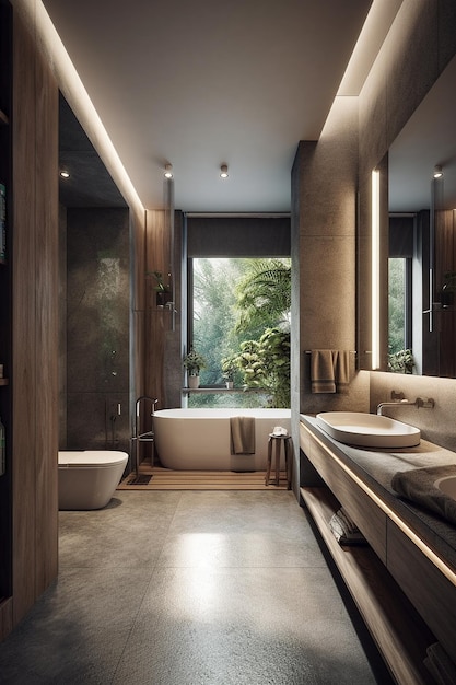 A bathroom with a bathtub and a large window with the words'luxury'on it