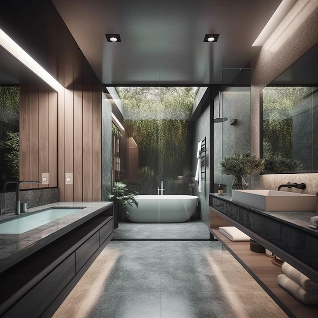 A bathroom with a bathtub and a large window.