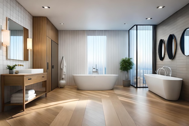 A bathroom with a bathtub and a large window