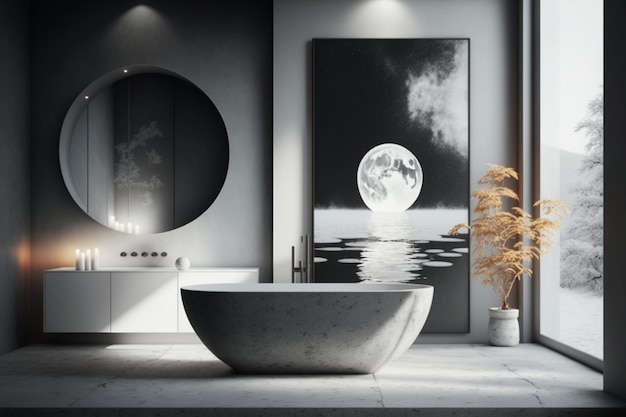 A bathroom with a bathtub and a moon on the wall.