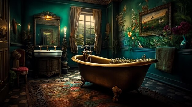 A bathroom with a bathtub and a painting of a bird on the wall