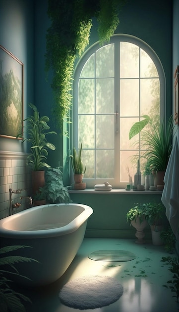 A bathroom with a bathtub and plants on the window.