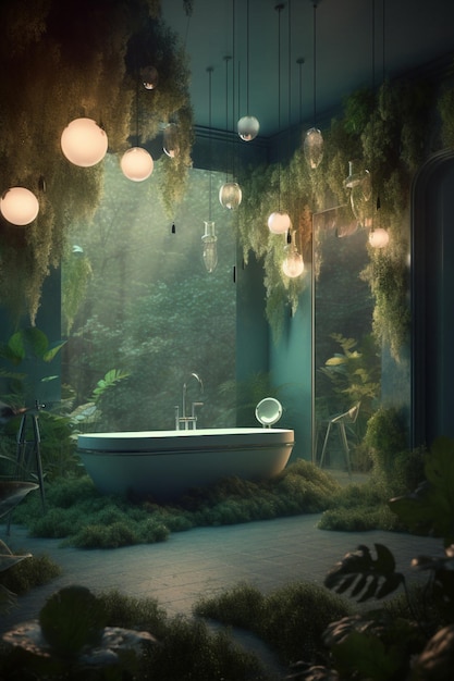 A bathroom with a bathtub and plants