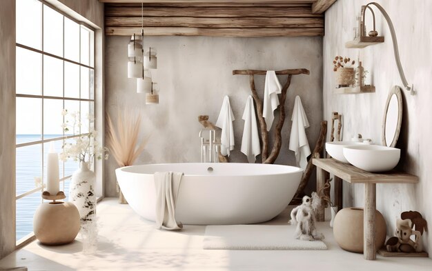 A bathroom with a bathtub and a shelf with a vase of flowers on it.