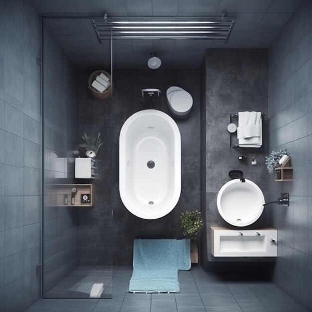 Photo a bathroom with a bathtub and a sink with a blue towel on it.