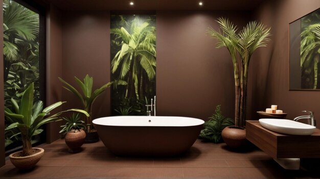 A bathroom with a bathtub and trees