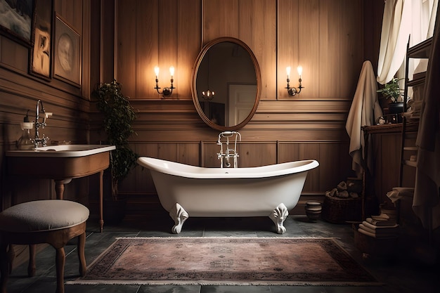 A bathroom with a bathtub and two mirrors.