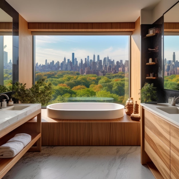 bathroom with bathtub and window overlooking the city