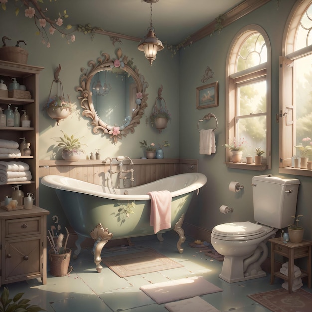 A bathroom with a bathtub and a window