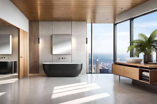 A bathroom with a black bathtub and a white countertop.