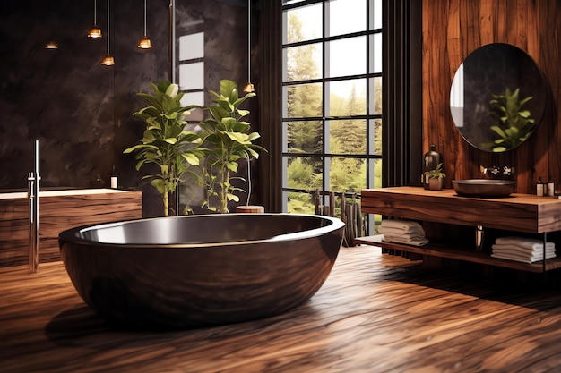 A bathroom with a black bathtub and a window with a plant in the background.