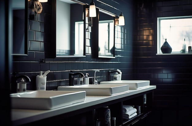 A bathroom with black sinks and paper towels