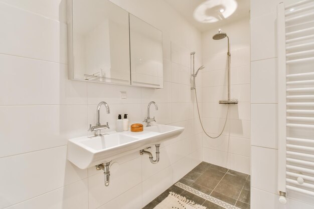 Bathroom with black tiled floors and white walls