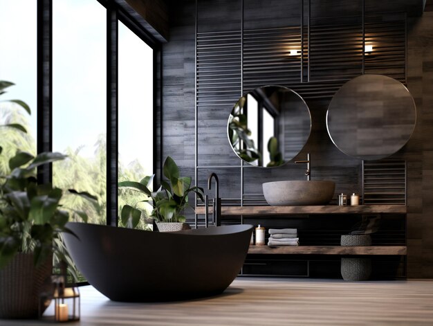 Premium AI Image | A bathroom with a black tub and a plant on the wall