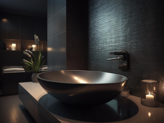 A bathroom with a black wall and a sink with a faucet and a plant in the background.