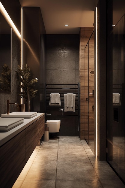 A bathroom with a black wall and a white towel hanging from the ceiling.