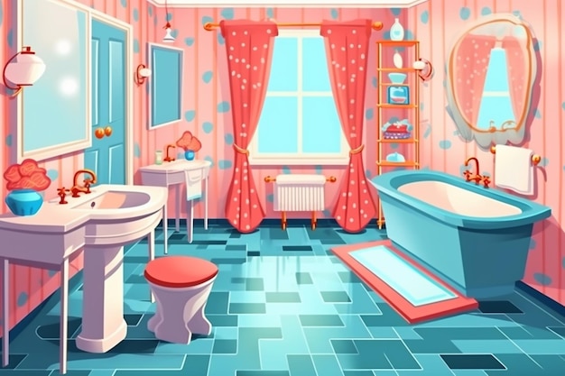 파란색과 분홍색 타일 바닥과 분홍색 변기가 있는 욕실.