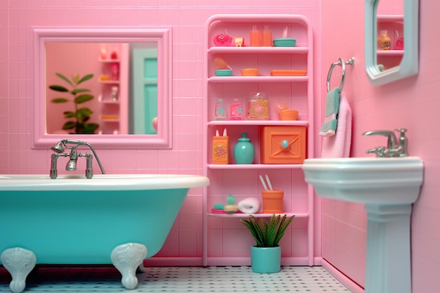 A bathroom with a blue tub and a green shelf with a plant on it.