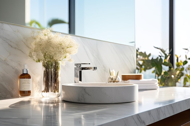 A bathroom with a blurred background and a marble countertop can serve as a suitable mockup for displaying products or creating design layouts