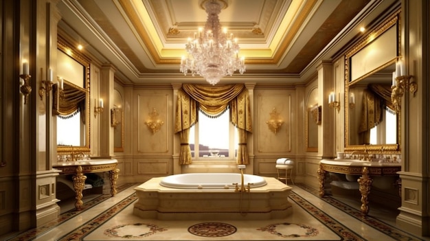 A bathroom with a chandelier and a bathtub.