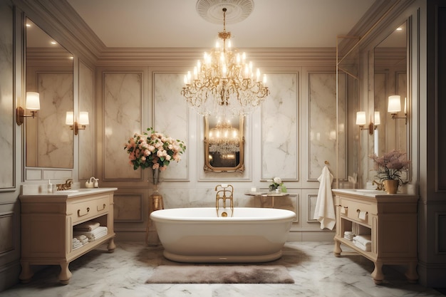 A bathroom with a chandelier and two sinks and a bathtub.