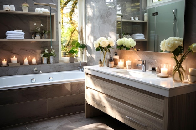 Bathroom with dark gray walls bathtub and washbasin