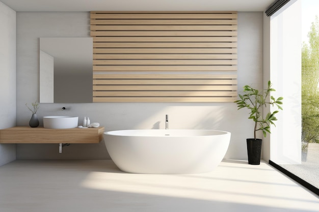 A bathroom with a freestanding bathtub in white colors