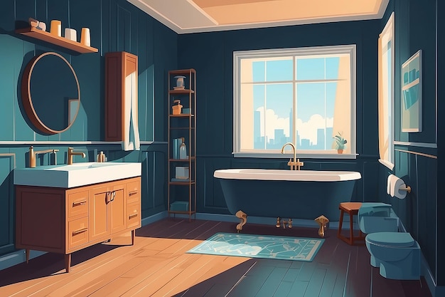 Bathroom with furniture and long shadows Flat line style vector illustration