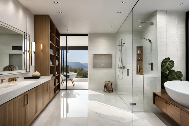 A bathroom with a glass door and a walk in shower.