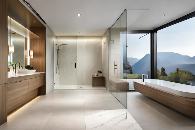 A bathroom with a glass shower door and a glass shower door.