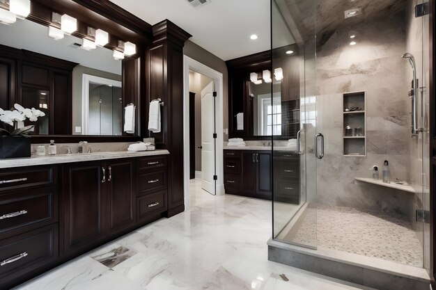 A bathroom with a glass shower door and a sink with a faucet.