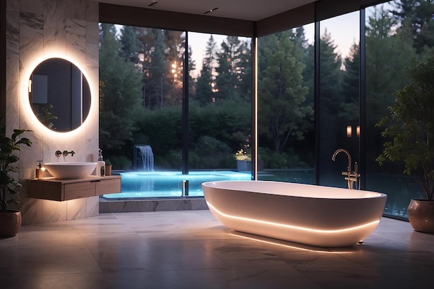 A bathroom with a glowing bathtub and a mirror that projects a virtual landscape