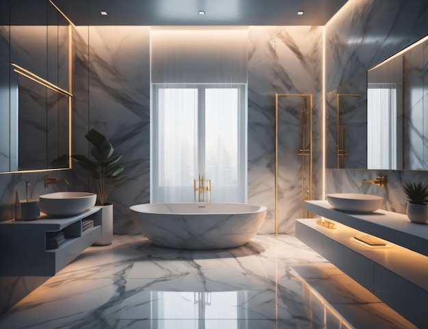 A bathroom with gold accents and a white bathtub.