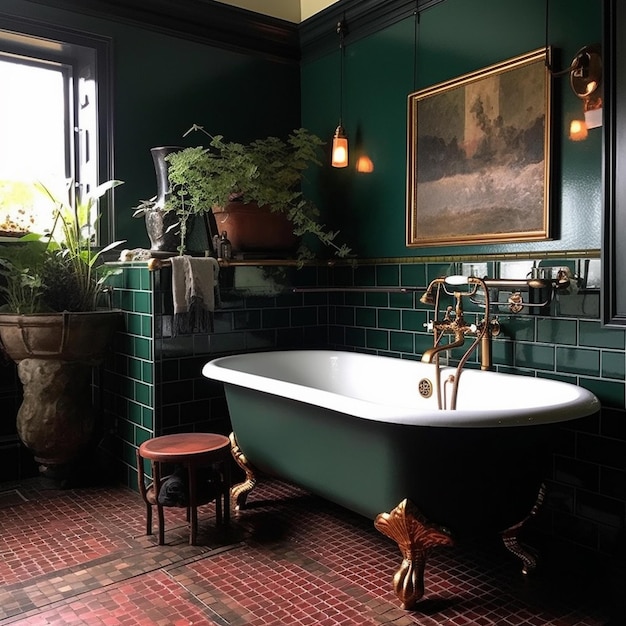 a bathroom with a green wall and a red stool.