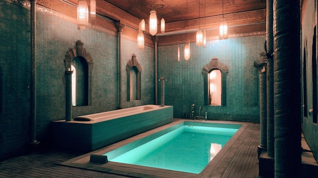 자쿠지 욕조와 중앙에 녹색 물 수영장이 있는 욕조가 있는 욕실.